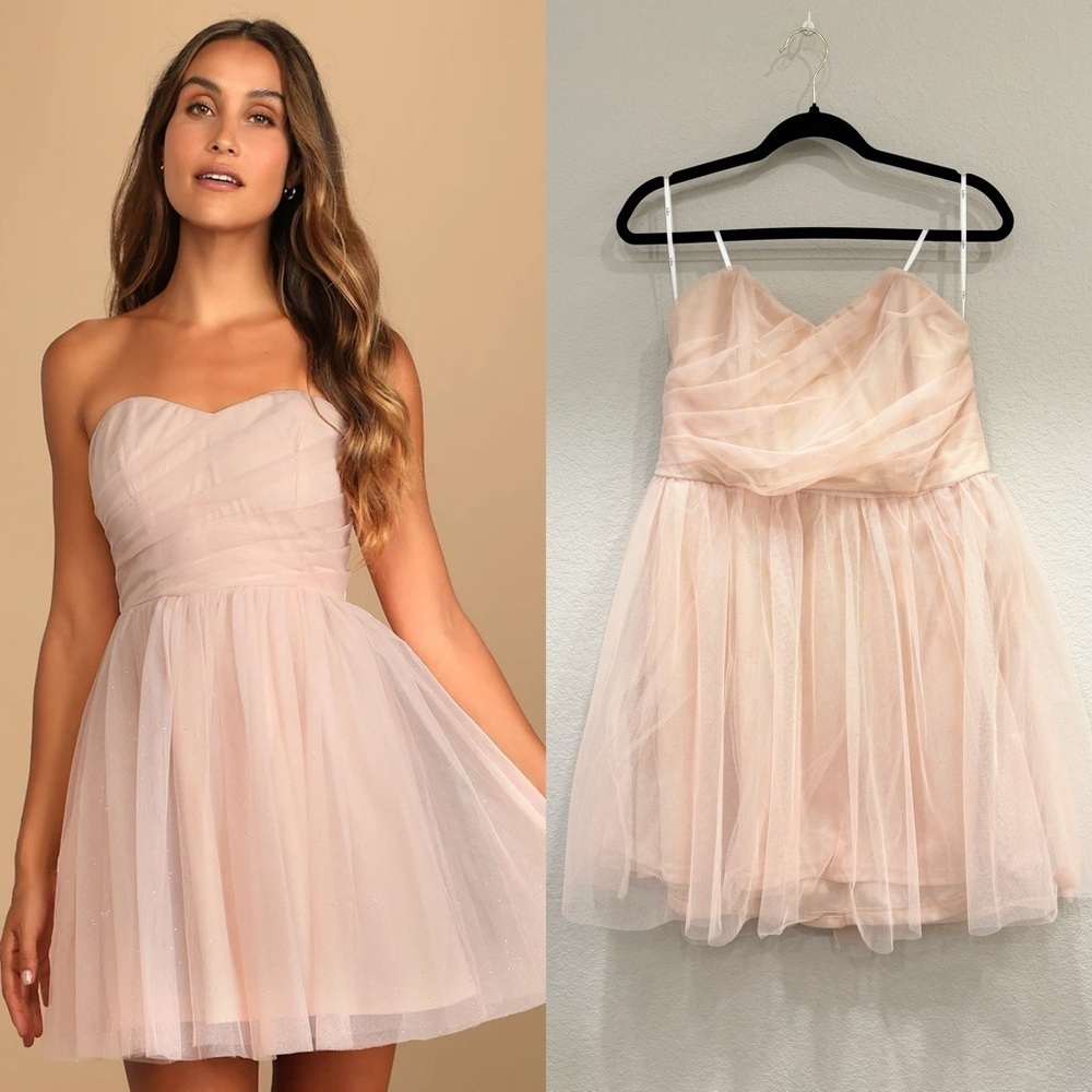 NWT Lulus Just a Twirl Blush‎ Pink Glitter Tulle Strapless Skater Dress